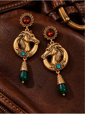 VTG Horse Earrings Gold Antique Art Museum Medieval Court Equestrian Teardrop CZ